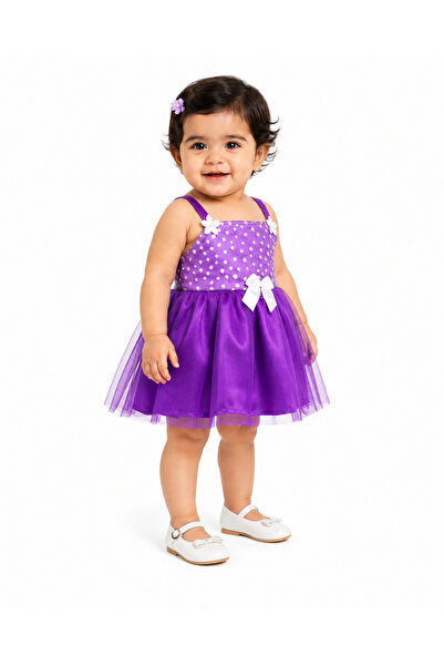 MADE Girls' Dress with Tulle and Satin Straps Decorated with Pearls and Bow