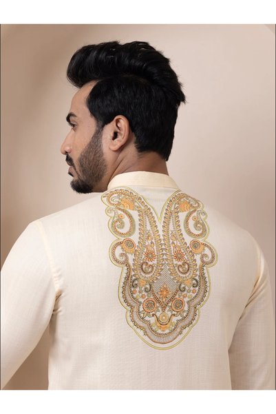 Devoiler Mens Beige Ethnic Print Cotton Kurta Set