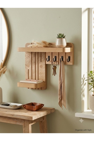 akçehome Ahşap Organizer Metal Kancalı Çok Amaçlı Askılık (25x21 cm), duvar rafı, antre düzenleyici, askılık, dekoratif raf, Anahtarlık