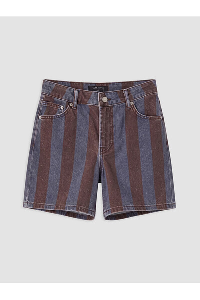 LC Waikiki Navy Blue High Waist Striped Women's Jean Shorts