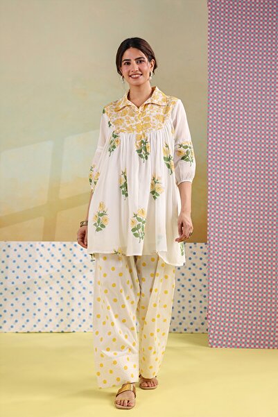 PRIYA'S PANACHE Cotton Mulmul Embroidered Co-ord Set with Farshi Salwar for W...