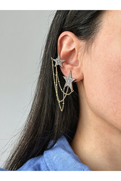 ringbox Yıldızlı Çift Renkli Küpeli Kıkırdak Küpe Earcuff