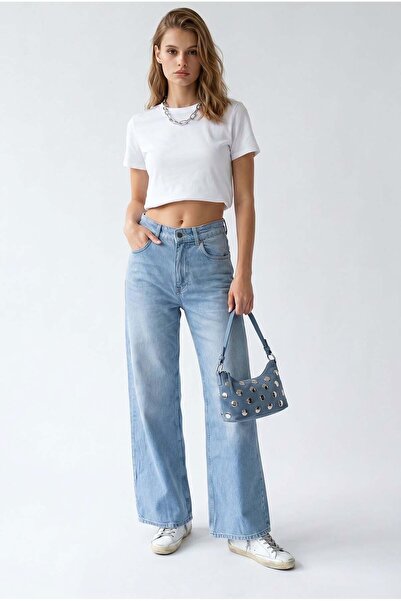 Mixray 2164 Women's High Waist Palazzo Wide Leg Denim Trousers Blue