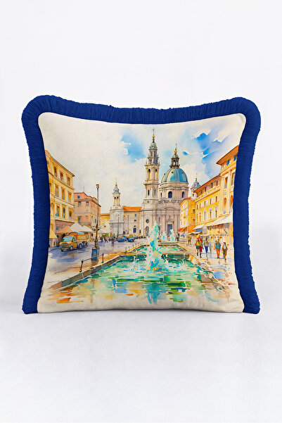 Evimde Bambaşka City View Architecture Fringed Pillowcase-Vintage Urban Beige...
