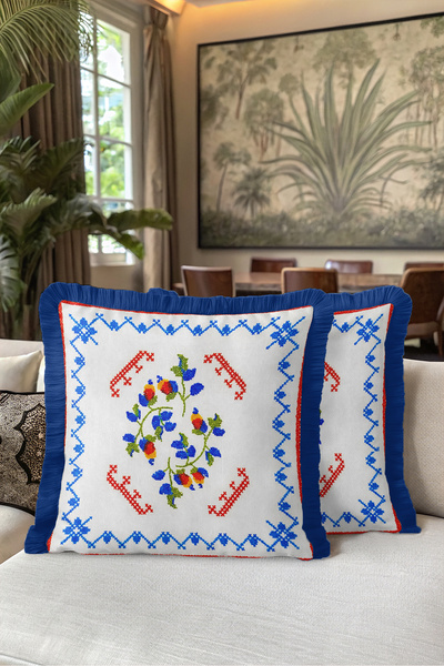 Evimde Bambaşka Authentic Floral Design Fringed Pillowcase-Ethnic Floral Boho...