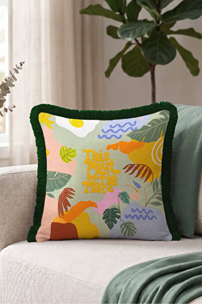 Evimde Bambaşka Tropical Leaf Motif Fringed Pillowcase - Abstract Botanical E...