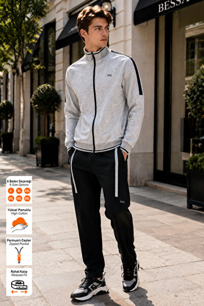 BESSA Gray Stand-Up Collar Tracksuit Set with Stripe Detail, Straight Leg, Co...