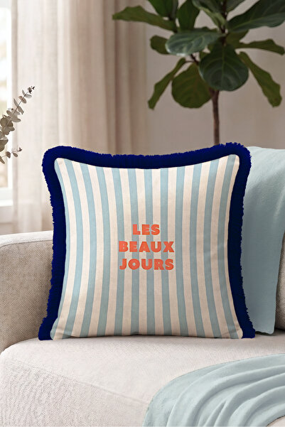 Evimde Bambaşka Striped Les Beaux Jours Fringe Pillowcase - Marine Retro Blue...