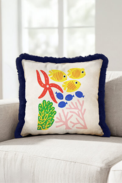 Evimde Bambaşka Sea Tropical Coral Design Fringed Pillowcase - Ocean Blue Nav...