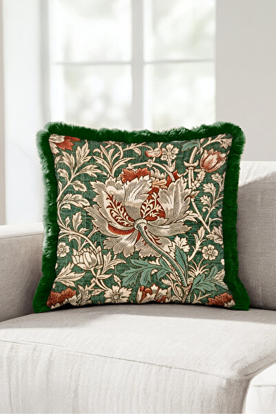 Evimde Bambaşka Vintage Floral Botanical Fringed Pillowcase - Floral Green Cr...