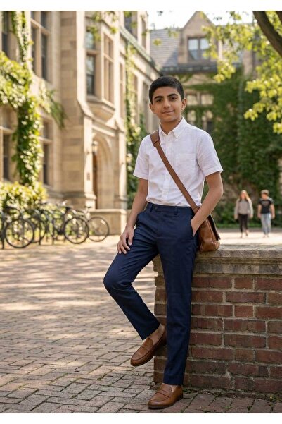 ÇLM STORE Beli Belted Fabric School Trousers Dark Blue