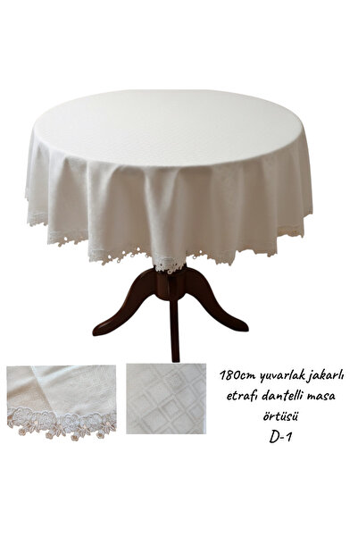 LACASA HOME LINEN 180cm Round Tablecloth with Lace Around the Edge in Jacquar...