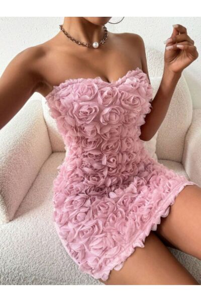 auraandmore 3D GÜL DETAYLI STRAPLEZ MİNİ FLORA ELBİSE