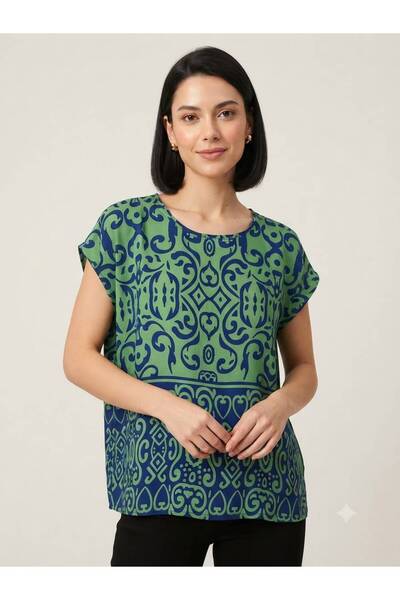 520CK Women's Green Ethnic Patterned Round Neck Short Sleeve Blouse