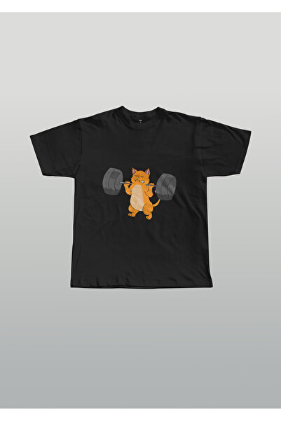 LUMSHİNE Oversize Weight Lifting Cat Gym Sports Printed Crew Neck T-Shirt
