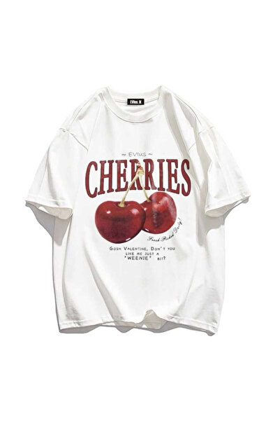 LUMSHİNE Oversize Cherries Printed Crew Neck T-Shirt