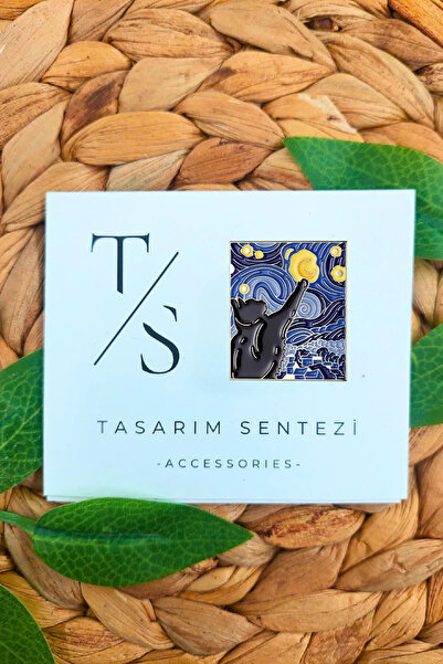 Tasarım Sentezi Rozet Metal Broş Van Gogh Kedi Tablosu Yildizli Gece Yaka Çan...