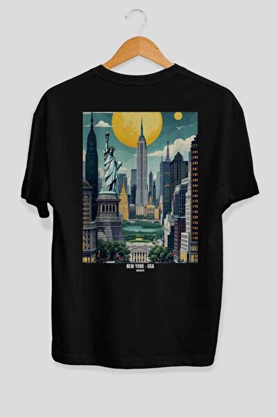 Ankhises New York Usa 2 Black Oversize Country City Back Printed Unisex T-Shi...
