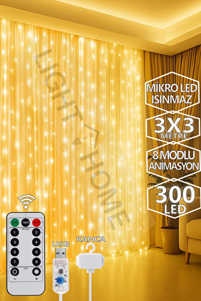 Light Home 300 LED 3x3 Metre USB Perde LED 10 Saçaklı Kumandalı 8 Modlu Dekor...