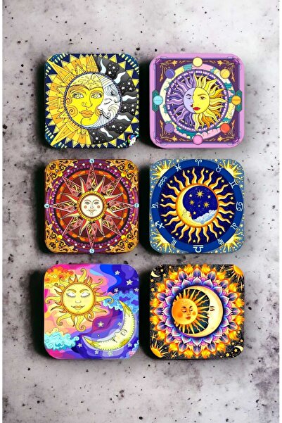 SHELİFE Astrology Sun And Moon Wooden Coaster Set 6 Pieces
