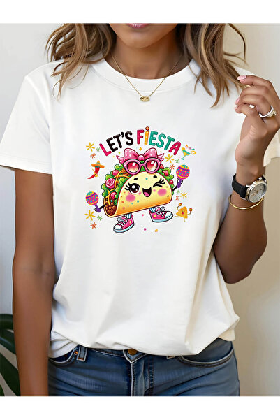 12 HERTZ تي شيرت نسائي جديد بطبعة نصية ملونة بعبارة "Let's Fiesta" لحفلات الت...