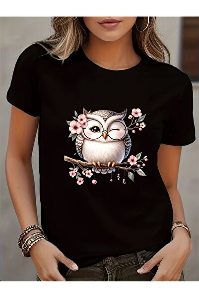 212Wear تي شيرت نسائي كاجوال بأكمام قصيرة وياقة دائرية مع طباعة بومة لطيفة، ق...