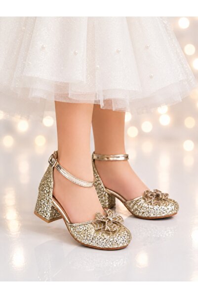 ZACOZ Girl's Glittery Heeled Evening Dress Shoes with Stone Bow Detail in Silver