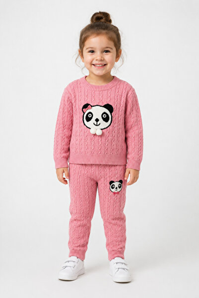 Babyhola 1-5 Yaş Kız Çocuk Panda Desenli Saç Örgü Kışlık Triko Takım 23217