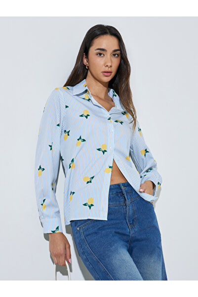 Styli Blue Striped Lemon Print Casual Shirt