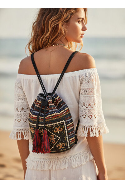 MILANO COLLECTION Rucsac Boho Multicolor, brodat manual, geanta de plaja, 30x...