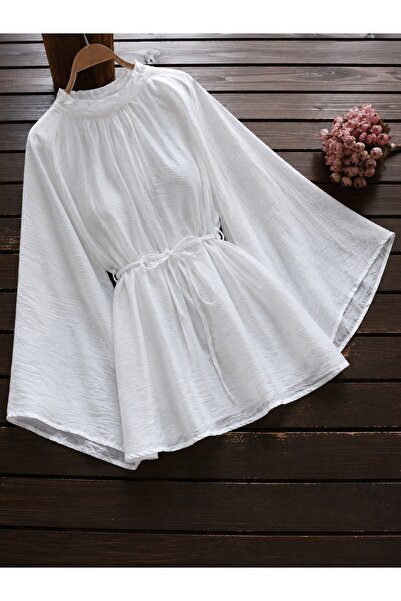 Lunfia Hakim Yaka Kemerli İspanyol Kol Oversize Liyosel Bluz - Beyaz