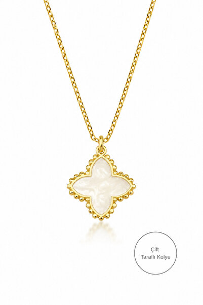 KAIROS JEWELRY 14 Ayar Altın Beyaz Mineli Çift Taraflı Yonca Kolye