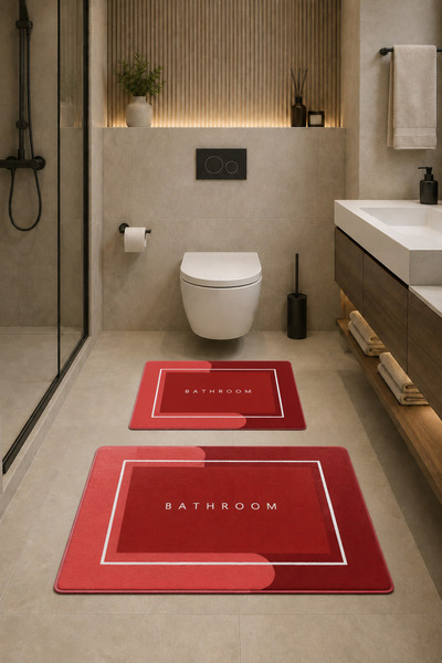 DECOVİST HOME Kaymaz Tabanlı Yıkanabilir 2’li Düz Kırmızı Banyo Paspası ve Kl...