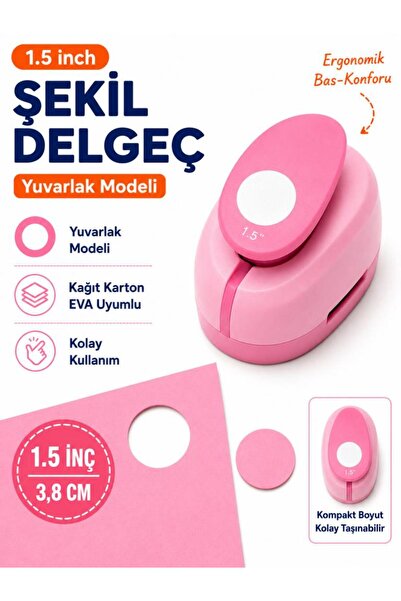 OFİSİNN Şekilli Büyük Boy Delgeç/Şekilgeç 3.8 cm Yuvarlak Pembe