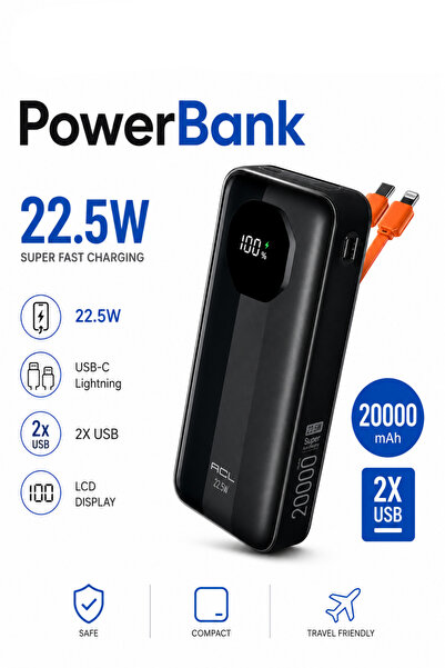 RAYLAX 20000mAh 22.5W Süper Hızlı Şarj Powerbank Kendinden Dahili USB-C & Lig...