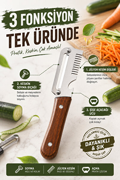 VİSLUNA 3'ü 1 Arada Sebze Soyacağı Julienne Dilimleyici Paslanmaz Çelik Soyma Bıçağı Şişe Açacaklı Ahşap Saplı