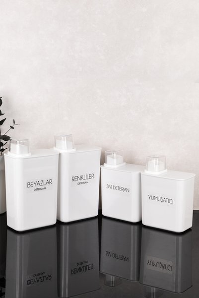 Dolkin Home Set of 4 Self-Scale Detergent Boxes with Labels 3000 ml - 2200 ml Colors White Liquid Detergent Softener Label Scale Lid Detergent Container