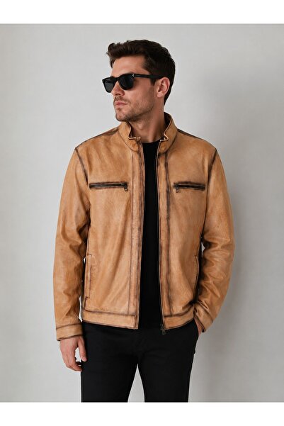 MİRENA LEATHER Erkek Hardal Hakiki Deri Ceket