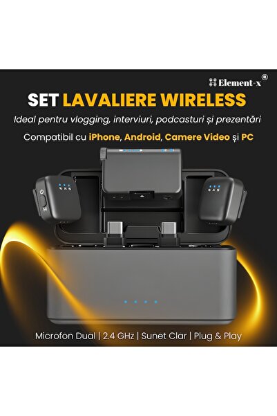 Element-x Set de mini microfoane cu două microfoane lavalieră wireless, AI + ENC, 2.4 GHz, compatibil cu iPhone, Android, camere video și PC, cu carcasă de încărcare, USB-C/Lightning, negru mat