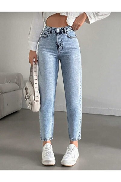 MAKRAS EXCLUSIVE Women's Light Blue High Waist Mom Jean Pants Flexible