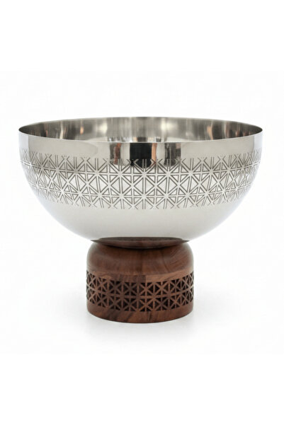 AKDC Luhpar Brown Wooden Footed Silver Stainless Steel Serving Bowl - 16×20 cm