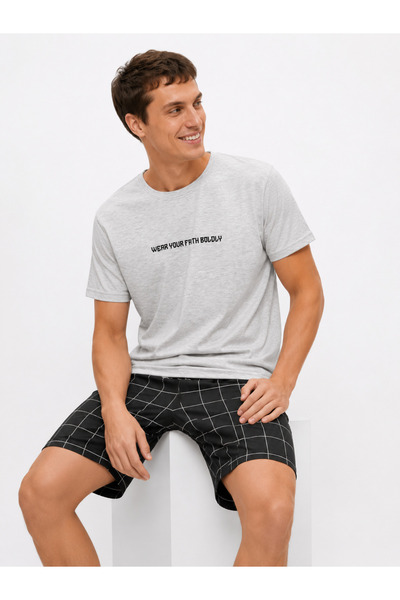 Sude HOMEWEAR Erkek Kısa Kol Şort Gri Renk Ekoseli Pijama Takımı