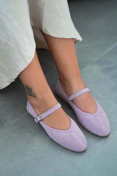 Parponi Will Belted Round Toe Genuine Suede Leather Ballerinas Lilac