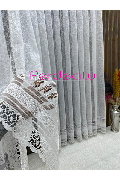 PERDECITY Gözde French Lace White Detailed Knitted 1X3 Dense Pleated Fabric T...