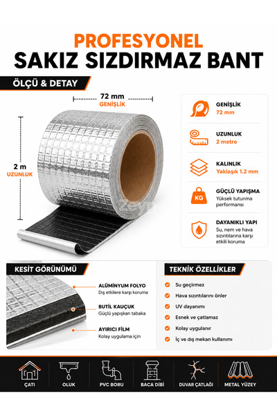 Zeyn Gross 72 mm x 2 Metre Sakız Sızdırmaz Bant | Butil Alüminyum İzolasyon B...