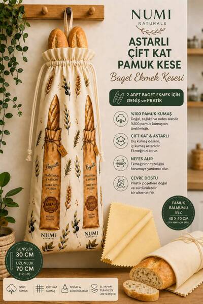 Premium Baget Ekmek Saklama Seti - 1 Pamuklu Çift Kat Astarlı Kese (30x70) + 2 Balmumu Bez (40x40)