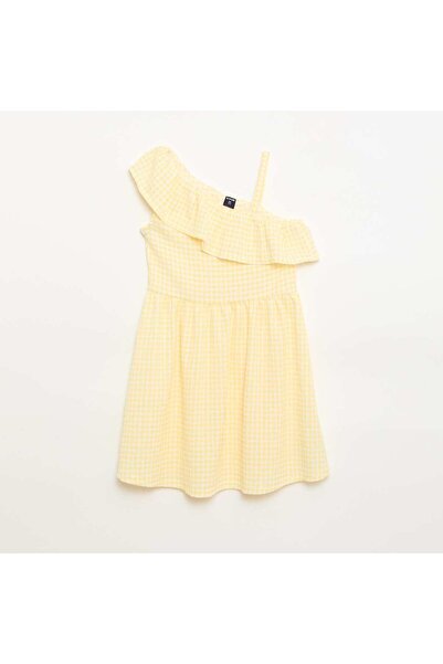 KIABI Asymmetrical Ruffled Gingham Dress YELLOW