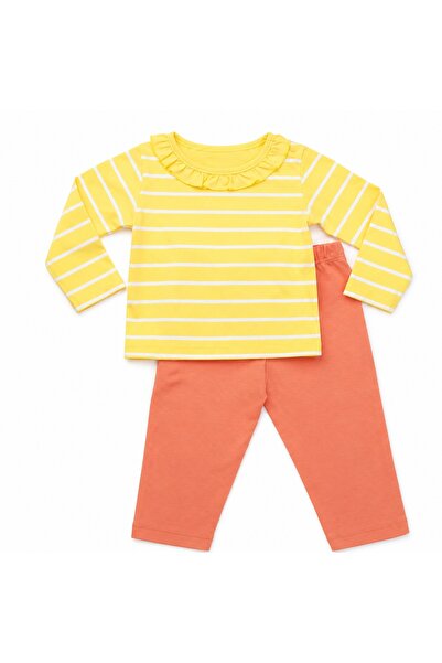 PALM PEANUTS Baby Girls Yellow Striped Ruffle Long Sleeve Top & Coral Pants 2...