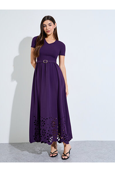 Styli Purple Cut-Work A-Line Maxi Dress With Buckle Belt