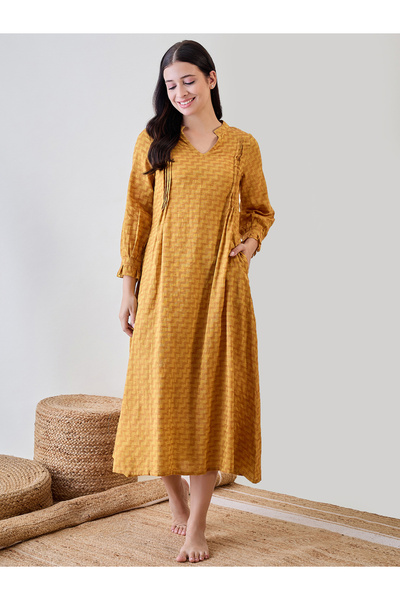 The Kaftan Company By Styli قميص نوم قطني مطبوع بنقشة زجزاج صفراء